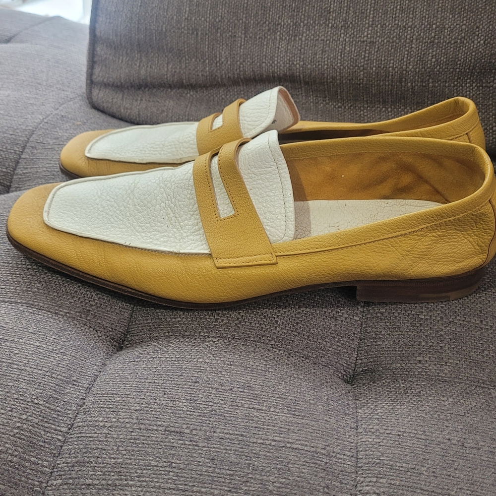 Men's Two-Tone Yellow and White Leather Penny Loafers